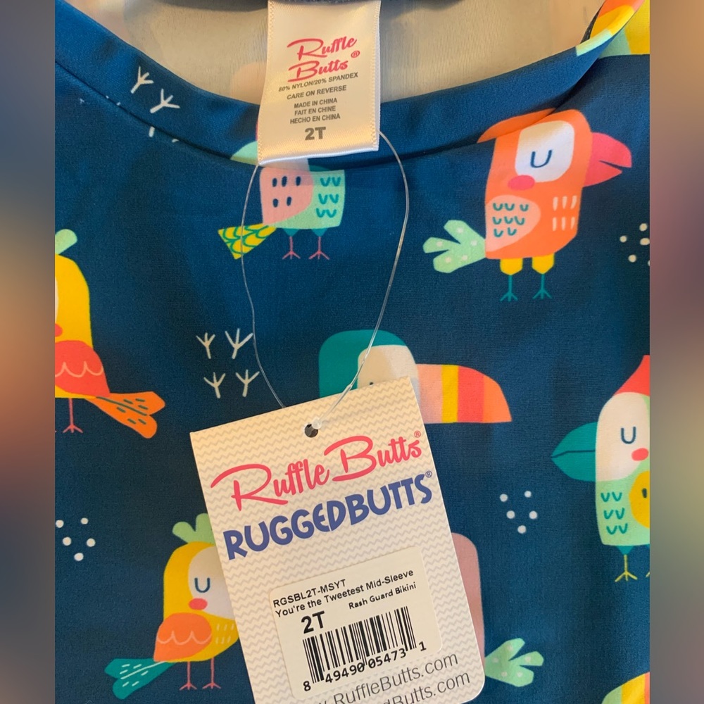 NWT Ruffle Butts Mid-Sleeve Rash Guard. You’re the Tweetest pattern. 2T. - Picture 3 of 3